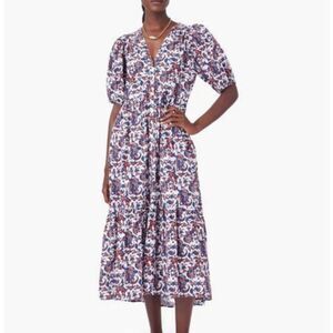 XiRENA midi length Lennox orange and blue Puff Sleeve V-Neck tiered dress XL